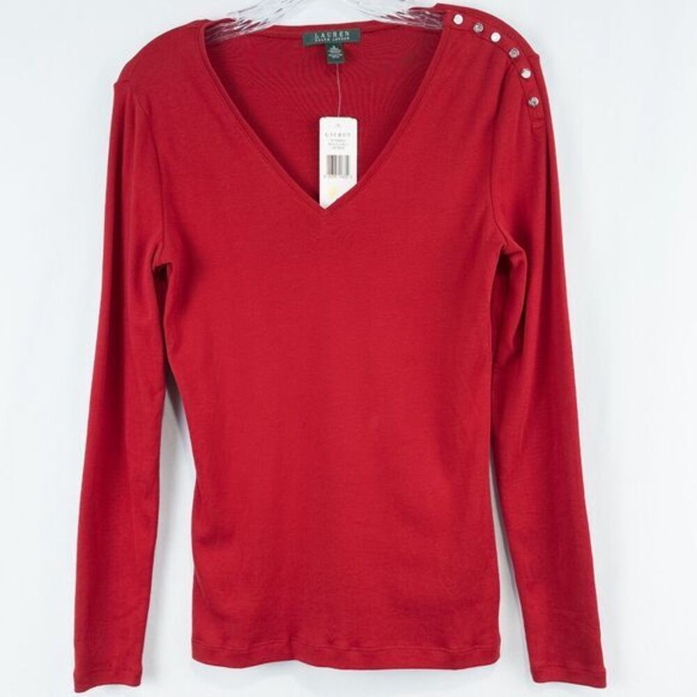 Lauren Ralph Lauren Cotton Long Sleeve Button Shoulder Tee‎ Womens Small Red